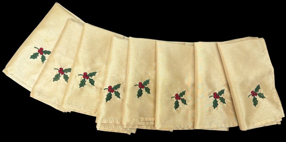 Gold Christmas Cloth Napkins Set of 8 Embroidered Holly 16 Inch Holiday Linens